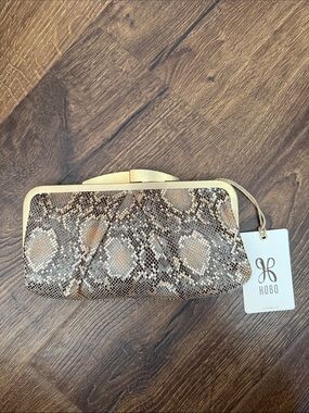 HOBO Metallic Snake-Print Clutch in Champagne and Brown